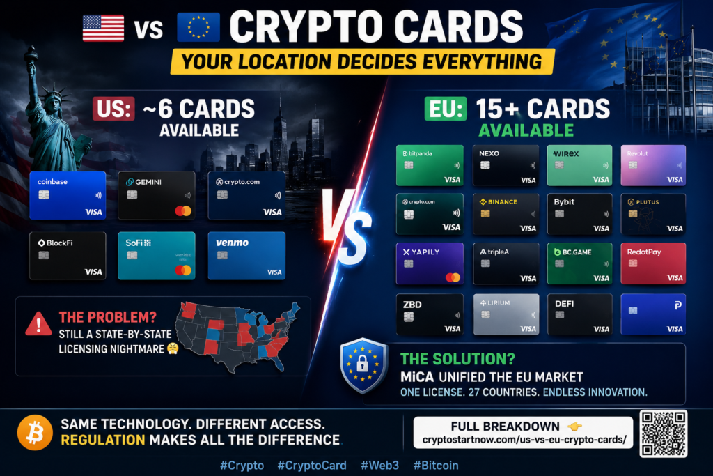 πΊπΈ vs. πͺπΊ Crypto Cards: Navigating Regional Restrictions, Availability & Regulatory Landscapes (2026)